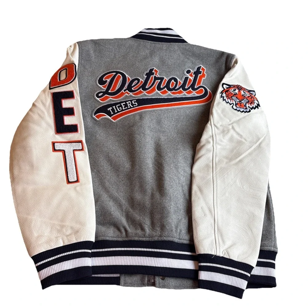 MLB Detroit Tigers Retro Classic Men's Rib Grey Wool Varsity Jacket Sz LARGE NWT